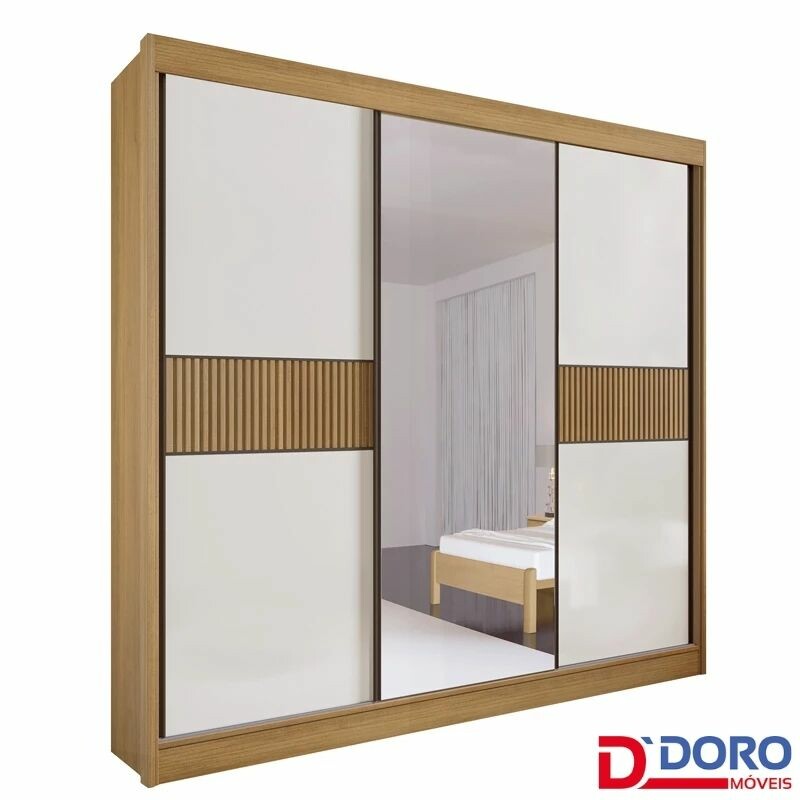 Roupeiro Casal Los Angeles Cinamomo/Off 3 Portas 6 Gavetas C/ 1 Espelho Detalhe Ripado Portas Flex 100% MDF Larg. 2.73m - D Doro