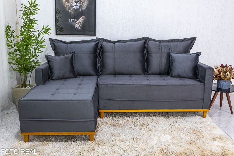 Sofá 3 Lug. Milão C/Chaise Lado Direito Veludo Cinza 814 Larg. 2.30m - Molas Ensacadas