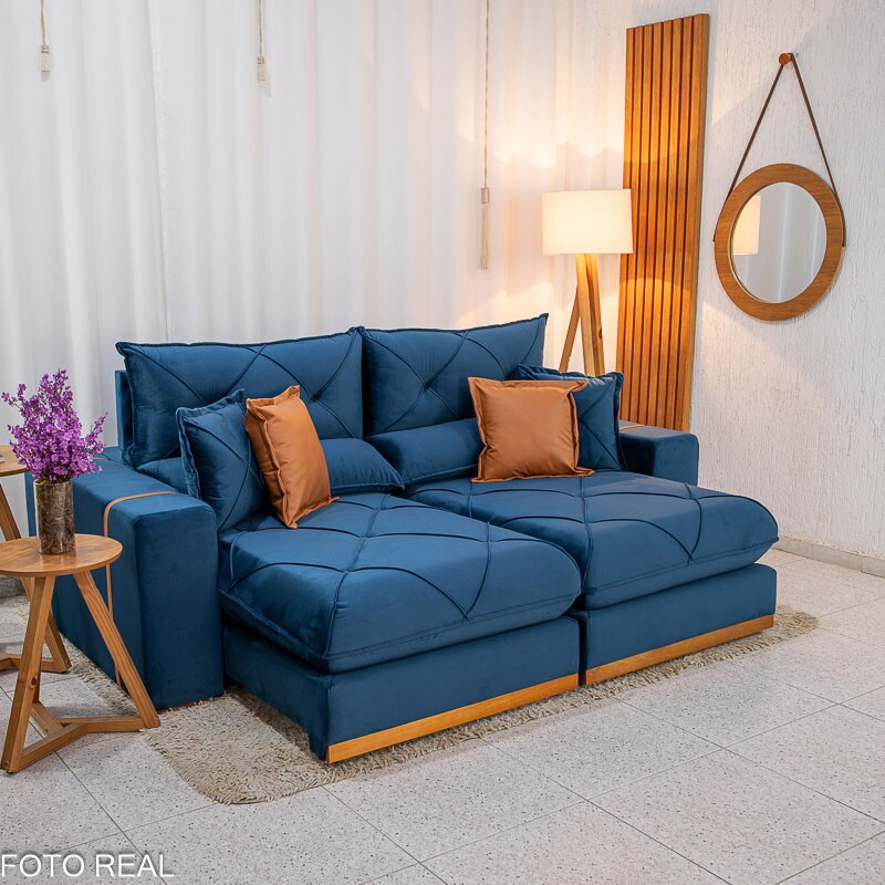 Sofá Retrátil Reclinável Gran Bello 2.30m Veludo Azul 03 - Molas Ensacadas Pocket