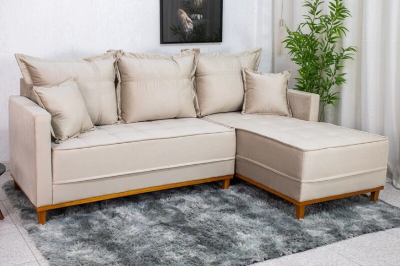 Sofá 3 Lug. Milão C/Chaise Lado Esquerdo Veludo Bege 818 Larg. 2.30m - Molas Ensacadas