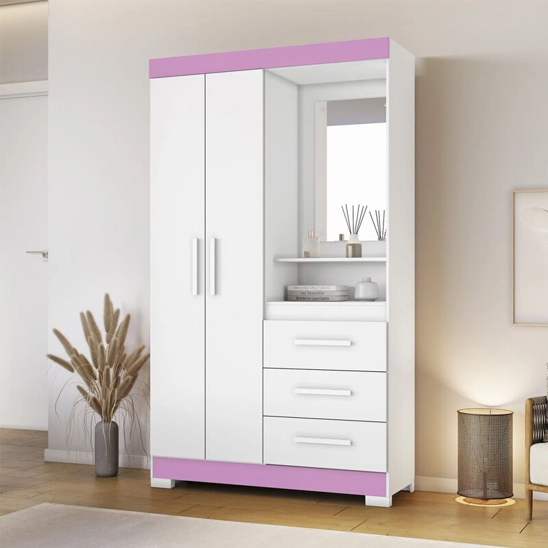 Roupeiro Solteiro NT 6020 Larg. 1.08m Branco/Rosa 2 portas 3 Gavetas Flex C/Pés - Notável