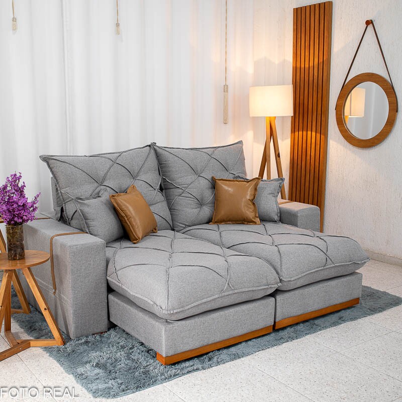 Sofá Retrátil Reclinável Malibu 2.10m Linho Cinza 1008 - D33 e Molas Ensacadas