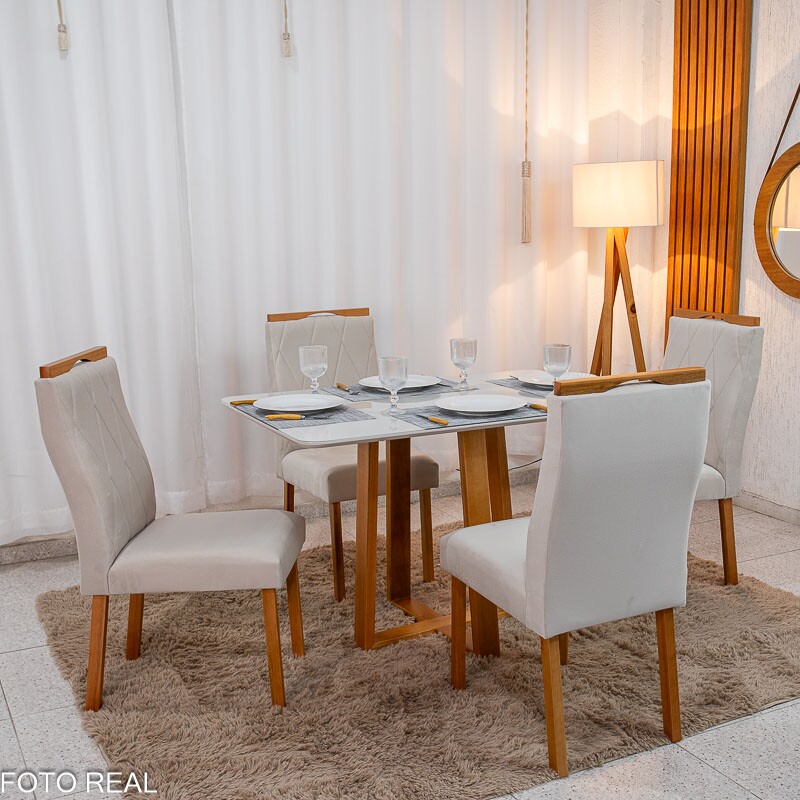 Mesa de Jantar Pedro 120x80 Vidro Off/Base Madeira + 4 Cad. Lisboa Veludo Bege 512 Madeira Art Assento - Entregue Montada