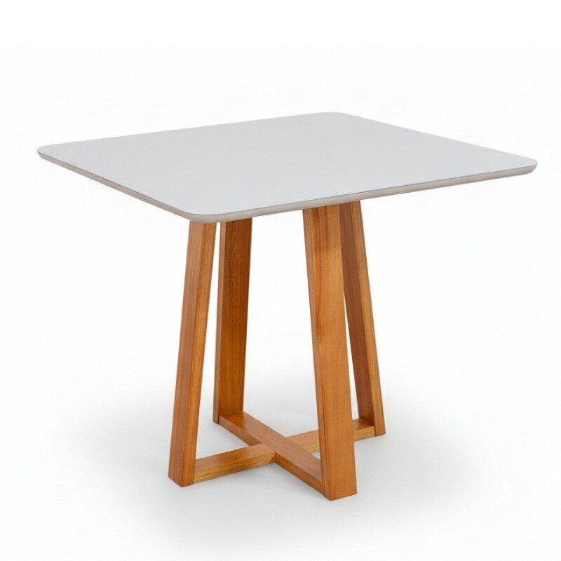 Mesa de Jantar Bali 90x90 Vidro Off/Base Madeira Minas Plac - Entregue Montada
