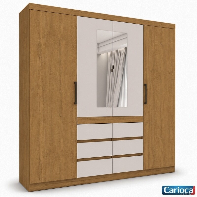Guarda-Roupa Império Larg. 2.00m Cinamomo/Off C/Espelho 4 Portas 6 Gavetas - Carioca