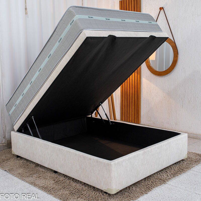 Base Box Baú Casal Prime Confort Corino Palha Blindado - Issacar + Colchão Casal Carbon Molas Ensacadas 138x188x77 - Anjos | Suporta até 240kg