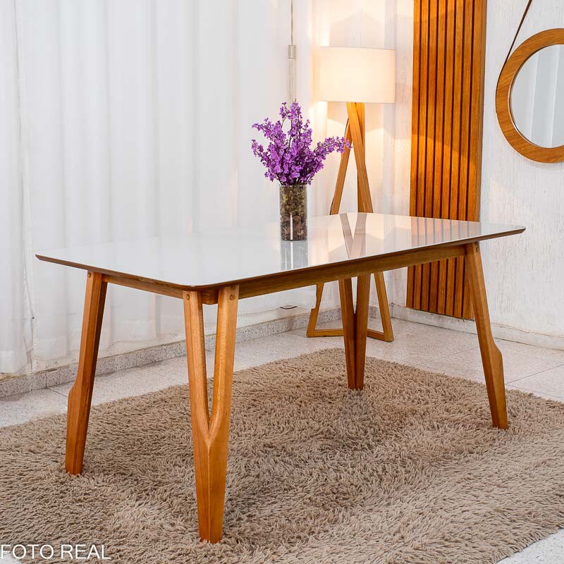 Mesa de Jantar Siena 160x90 Vidro Off/Base Madeira - Art Assento
