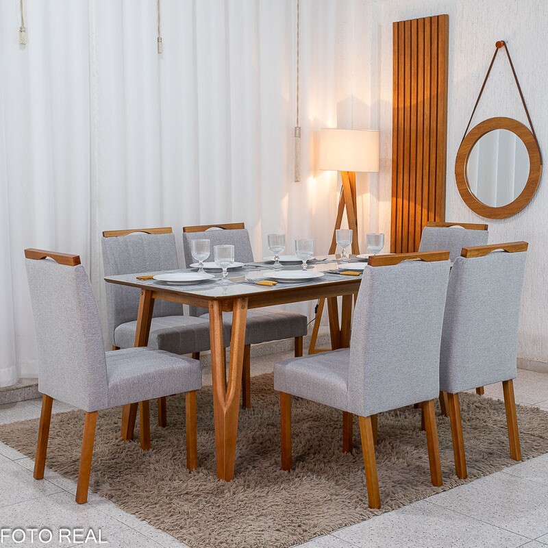 Mesa de Jantar Siena 160x90 Vidro Off/Base Madeira - Art Assento + 6 Cad. Isabela Linho Cinza 05 Madeira Maciça KM Decor - Entregue Montada