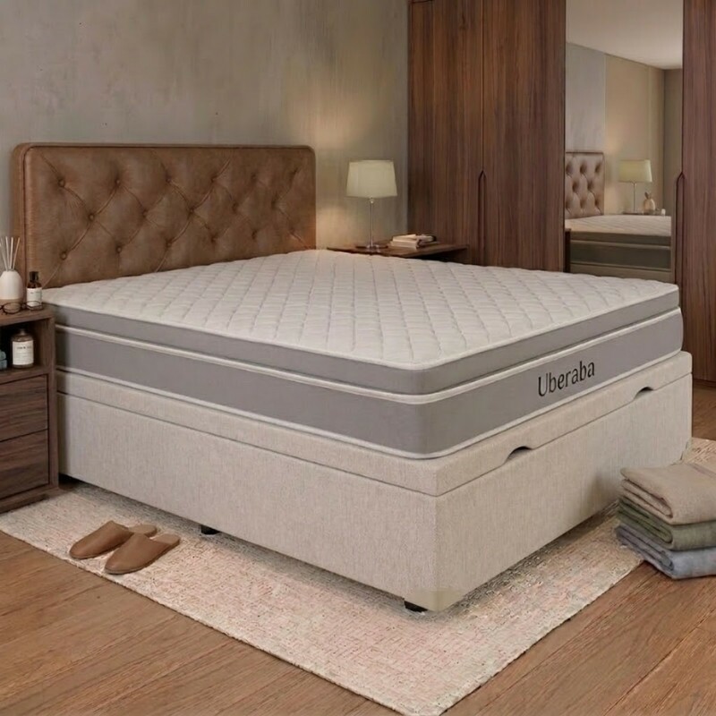 Base Box Baú Casal Prime Confort Corino Palha Blindado - Issacar + Colchão Casal Uberaba 138x188x30 Espuma Viscoelástica D28 - ColchoMinas | Suporta até 300kg
