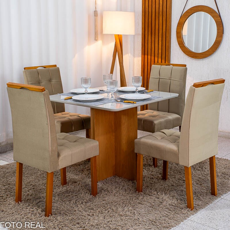 Mesa de Jantar Moscou 90x90 Vidro Off/Base Cinamomo + 4 Cad. Londres Veludo Avelã Madeira Minas Plac - Entregue Montada