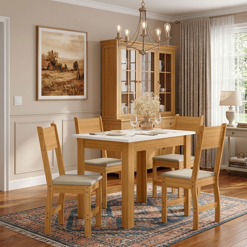 Mesa de Jantar Bellagio 108x68 Freijó UV/Tampo Off White + 4 Cad. Milano Freijó UV/Savana - Poliman