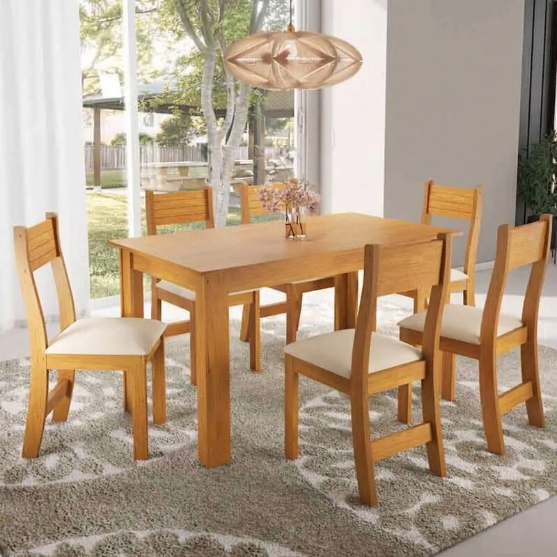 Mesa de Jantar Fucsia Mel 136×75 com 6 Cadeiras Brisa Assento Veludo Marfim - Viero