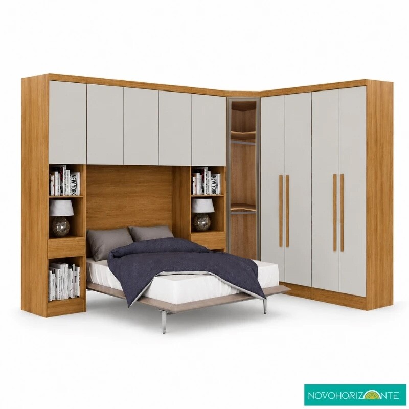 Modulado Cumaru/Fendi Fosco 1 Guarda-Roupa Rizon New 4 Pts + 2 Criado Rizon + 1 Canto Oblíquo Rizon C/Porta de Vidro + 1 Aéreo 3 portas Rizon - Novo Horizonte