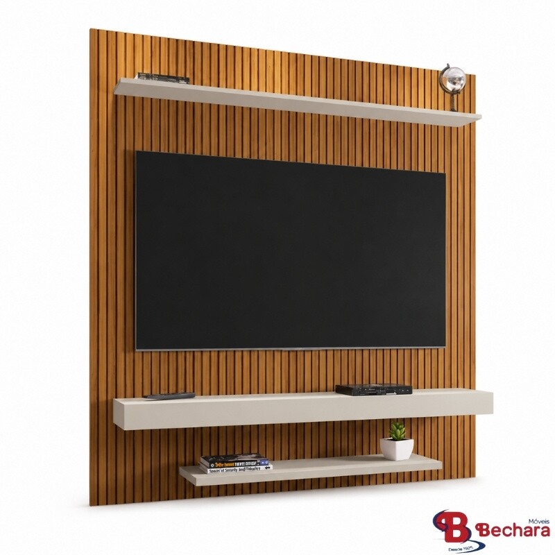 Painel Leme Larg. 1.50m Impressão Ripada 3D Ripado Naturalle/Off White para TV até 60