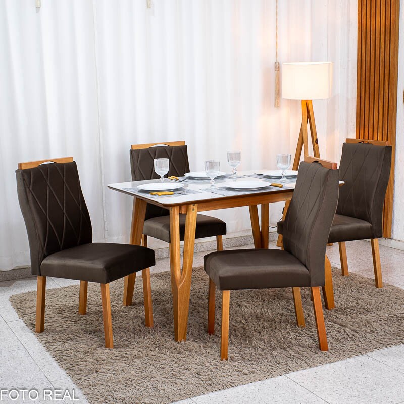 Mesa de Jantar Siena 120x90 Vidro Off/Base Madeira + 4 Cad. Lisboa Veludo Marrom 509 - Entregue Montada