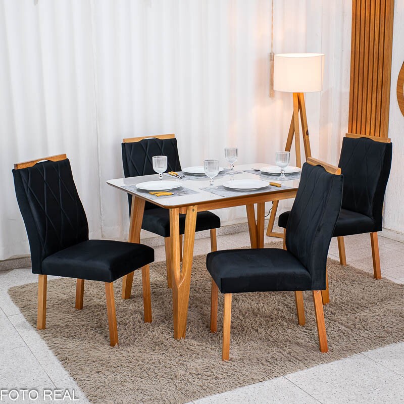 Mesa de Jantar Siena 120x90 Vidro Off/Base Madeira + 4 Cad. Lisboa Veludo Preto 504 - Entregue Montada