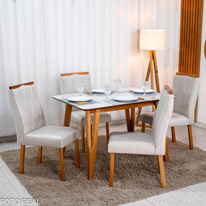 Mesa de Jantar Siena 120x90 Vidro Off/Base Madeira + 4 Cad. Lisboa Veludo Bege 512 - Entregue Montada