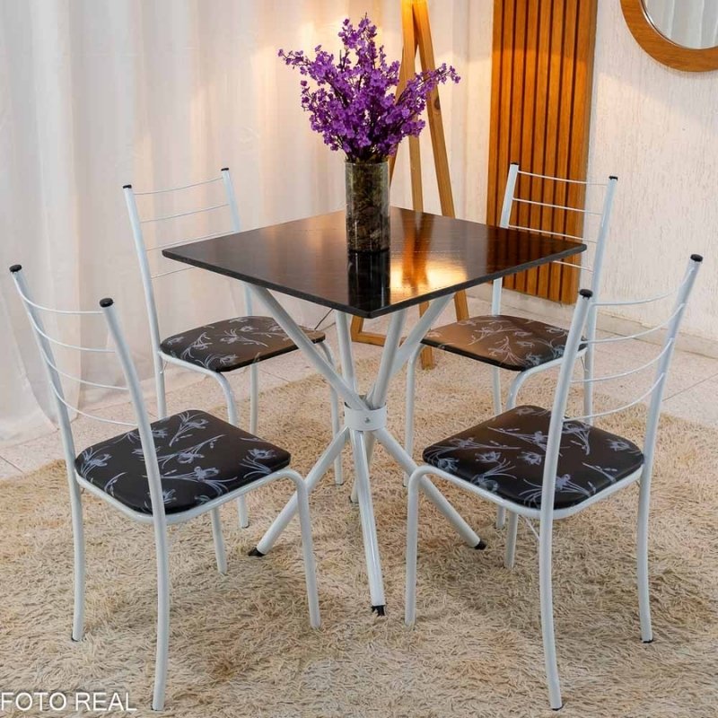 Mesa Rio Base Ipanema Branco Tampo Preto MDF 68x68 + 4 Cadeiras Rio Assento Preto