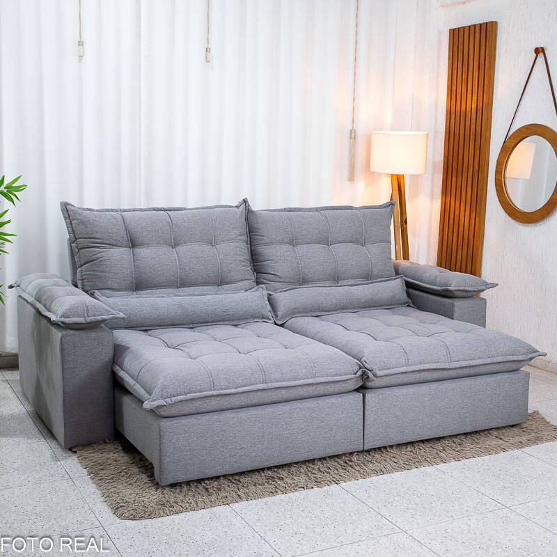 Sofá Retrátil Reclinável Zara 2.50m Linho Cinza - Molas Ensacadas