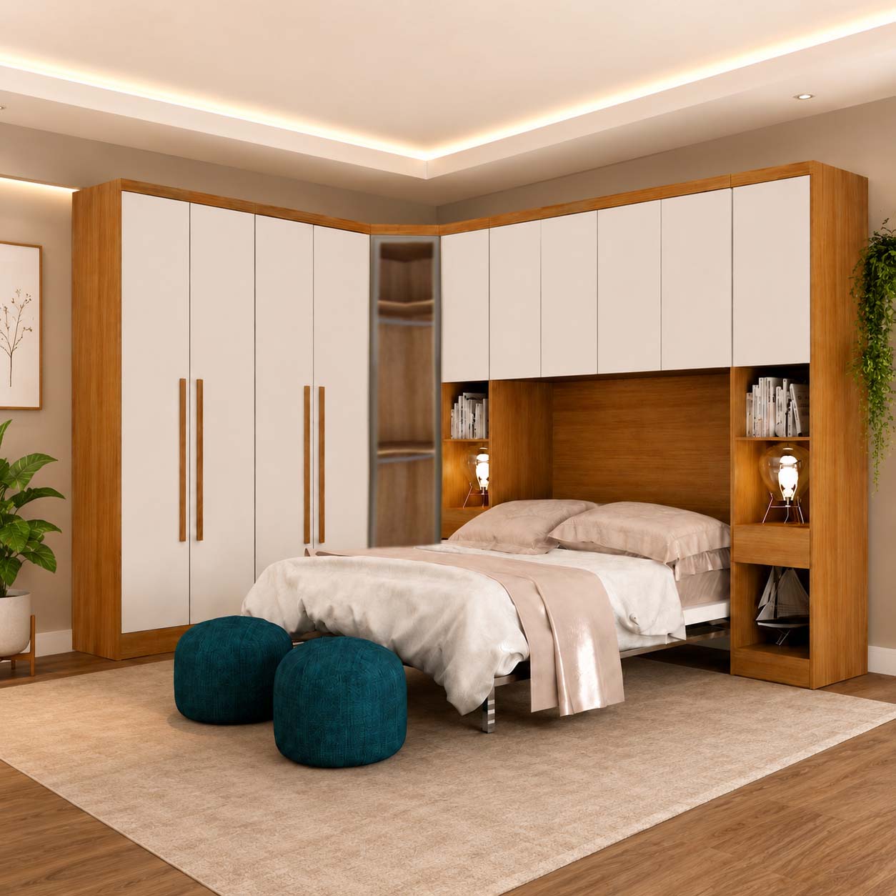 Modulado Queen Cumaru/Fendi Fosco Guarda-Roupa Rizon New 4 Portas + 2 Criados + Canto Oblíquo + Aéreo 4 Portas