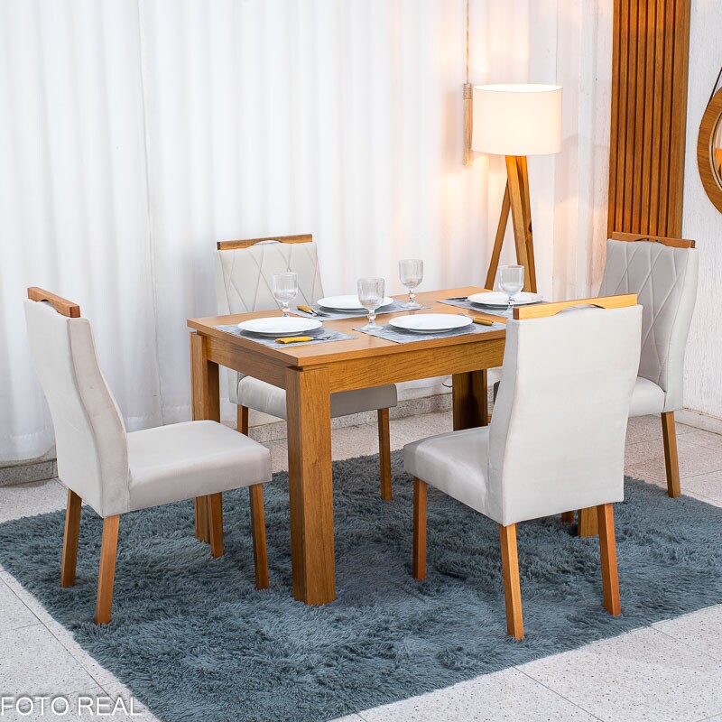 Mesa Athenas 120x80 Amêndoa Clean Tampo Maciço + 4 Cad. Lisboa Veludo Bege 512 - Entregue Montada
