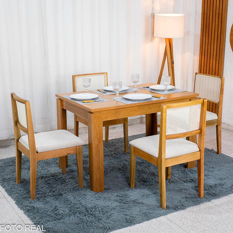 Mesa Athenas 120x80 Amêndoa Clean Tampo Maciço + 4 Cad. Cantiga Boucle Bege Madeira Maciça