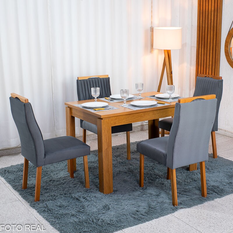 Mesa Athenas 120x80 Amêndoa Clean Tampo Maciço + 4 Cad. Gênova Veludo Cinza 507 - Entregue Montada