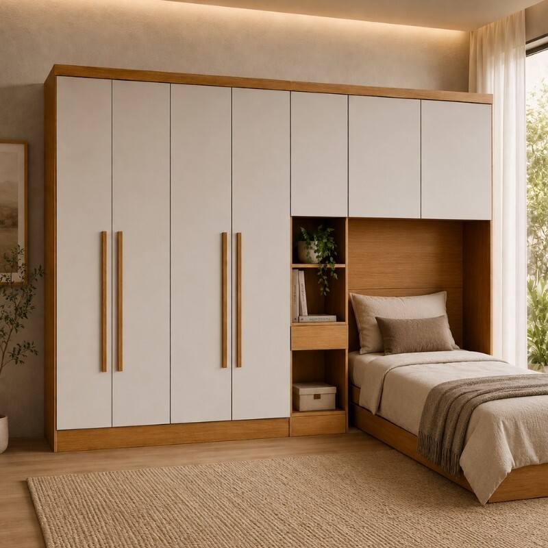 Modulado Solteiro Cumaru/Fendi Fosco Roupeiro Moderni 4 Portas + Criado + Aéreo 2 Portas