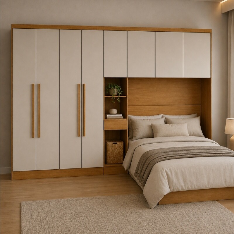 Modulado Casal Cumaru/Fendi Fosco Roupeiro Moderni 4 Portas + Criado + Aéreo 3 Portas