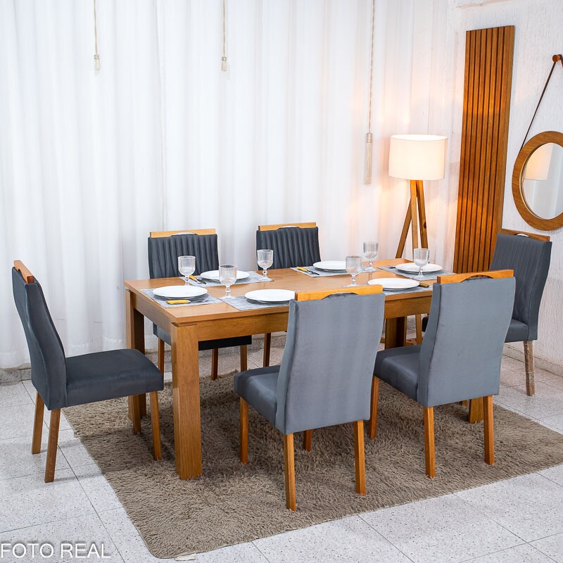 Mesa Athenas 180x90 Amêndoa Clean Tampo Maciço + 6 Cad. Gênova Veludo Cinza 507 - Entregue Montada