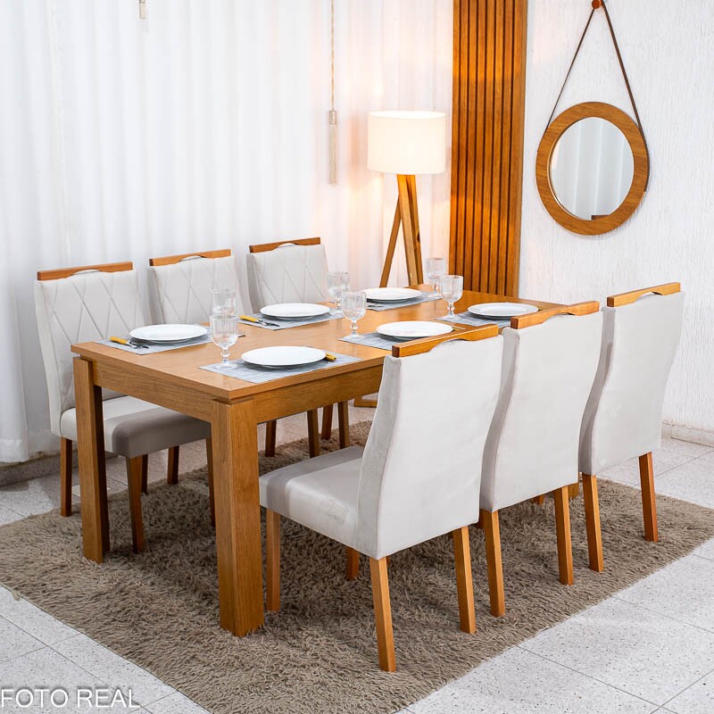 Mesa Athenas 180x90 Amêndoa Clean Tampo Maciço + 6 Cad. Lisboa Veludo Bege 512 - Entregue Montada