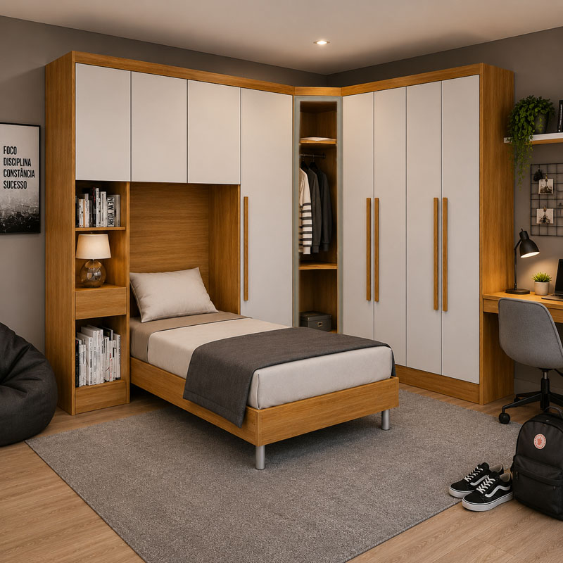 Modulado Solteiro Cumaru/Fendi Fosco Roupeiro Rizon 4 Portas + Criado + Canto Oblíquo + Modulado + Aéreo