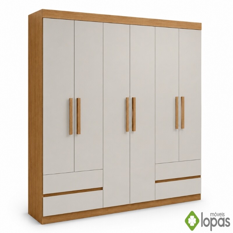 Guarda-Roupa Zeus Amêndoa Clean/Off 6 Portas 4 Gavetas Larg. 1.77m - Móveis Lopas