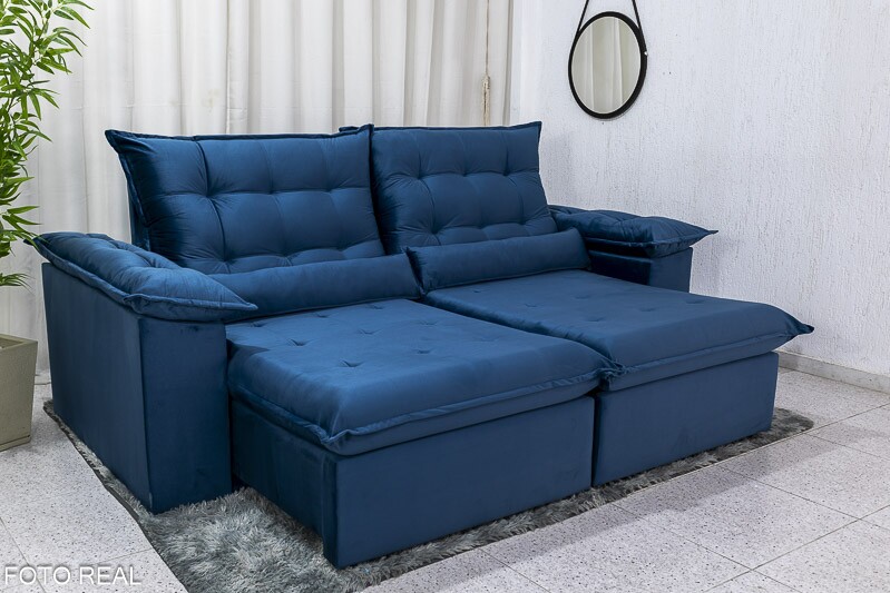 Sofá Retrátil Reclinável Emanuelly 2.30m Veludo Azul